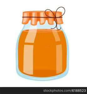 Glass jar with honey. Cartoon of the bank with honey on a white background. Vector &#xA;illustration of a vessel with honey, cover paper and rope. Stock vector