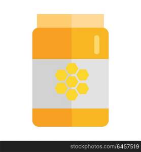 Glass jar with honey hundredth symbol. Concept vector in flat style design. Illustration for application icons, apiary logotype, food packaging, infographics. Isolated on white background. . Glass Jar with Honey Vector Illustration.