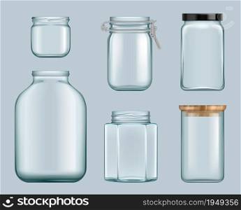 Glass jars. Product jam containers transparent bottles for liquids canned food for shelves vector template. Illustration jar glass canning, close container empty bottle. Glass jars. Product jam containers transparent bottles for liquids canned food for shelves vector template