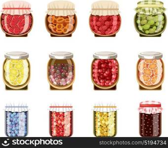 Glass jars with fruit and berry jam. Vector