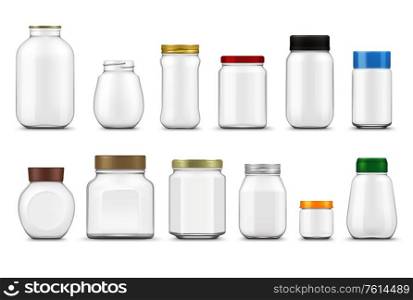 Glass jars with lids realistic mockup, vector food packages. Empty clear bottle containers and transparent pots with metal and plastic screw caps 3d template of food canning and storage design. Glass jars, lids realistic mockup, food packages