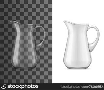 Glass jug or pitcher, vector 3D realistic tableware mockup. Water, juice or milk pitcher with handle and spout, table glassware or drinkware crockery isolated on background. Drinks and beverages jug. Water glass jug, realistic 3d mockup