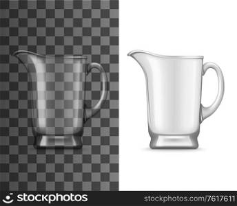 Glass jug vector mockup of realistic empty pitcher with handle and pouring spout. 3d transparent drink container for water, milk or juice cold beverages, kitchen glassware or cafe tableware design. Glass jug realistic mockup of empty pitcher