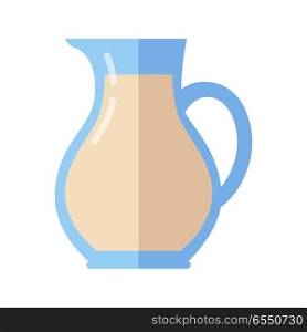 Glass jug with milk. Milk container. Farm food. Milk icon. Retail store element. Simple drawing in flat style. Isolated vector illustration on white background.. Glass Jug with Milk Isolated on White Background
