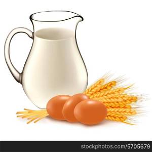 Glass jug with milk, wheat seeds and eggs. Vector illustration.