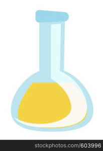 Glass laboratory flask with yellow liquid vector cartoon illustration isolated on white background.. Glass laboratory flask vector cartoon illustration