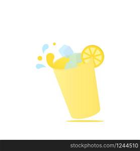 Glass lemonade with ice cubes, lemon slice and drops levitation logo