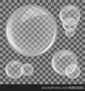 Glass lens on transparent background. Sphere with glares. Vector illustration.. Glass lens set