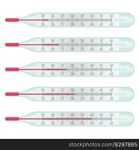 Glass mercury Thermometers with different temperature measurent on celcius scale, 36.6 degrees. Cold diagnostic, covid symptoms, flu fewer concept. Stock vector illustration isolated on white background in flat cartoon style.. Glass mercury Thermometers with different temperature measurent on celcius scale, 36.6 degrees. Cold diagnostic, covid symptoms, flu fewer concept.