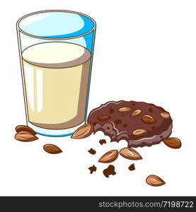 Glass milk almond cookie icon. Cartoon of glass milk almond cookie vector icon for web design isolated on white background. Glass milk almond cookie icon, cartoon style