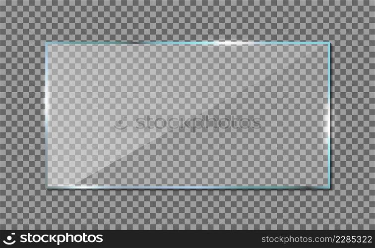 Glass mockup with frame isolated on transparent background. Acrylic plexi glass. Rectangle window mockup with shadow. Glossy clear surface. Horizontal panel, frame for digital screen. Vector.