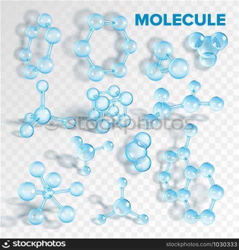 Glass Molecule Pharmaceutical Model Set Vector. Collection Of Transparent Biochemistry, Chemical And Medical Molecule. Atomic Combination Geometry Template Realistic 3d Illustrations. Glass Molecule Pharmaceutical Model Set Vector