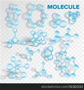 Glass Molecule Pharmaceutical Model Set Vector. Collection Of Transparent Biochemistry, Chemical And Medical Molecule. Atomic Combination Geometry Template Realistic 3d Illustrations. Glass Molecule Pharmaceutical Model Set Vector