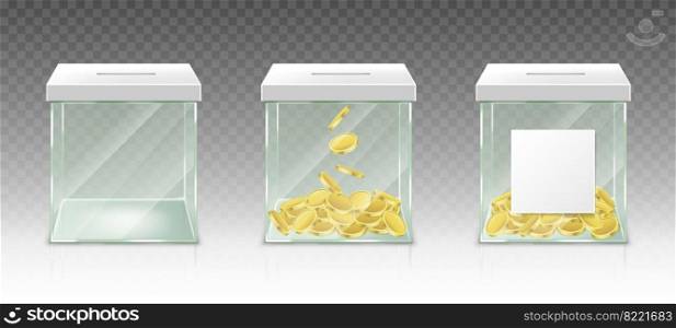 Glass money box for tips, savings or donations isolated on transparent background. Vector realistic set of 3d clear acrylic jar with gold coins and white blank label for pension fund, charity donate. Glass money box for tips, savings or donations