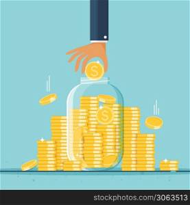 Glass money jar full of gold coins and hand. Growth, income, savings, investment. Symbol of wealth. Business success. vector cartoon design.