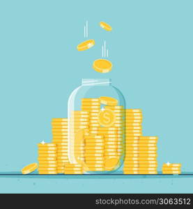 Glass money jar full of gold coins. Growth, income, savings, investment. Symbol of wealth. Business success. vector cartoon design.