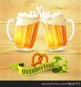 Glass mug of beer pretzel and hop branch on wooden background Octoberfest poster vector illustration