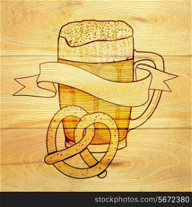 Glass mug of cold beer with foam and pretzel on wooden background vector illustration.