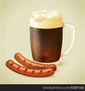 Glass mug of cold dark porter stout beer with froth and grilled sausage emblem vector illustration