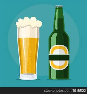glass of beer and bottle icon. isolated on background. vector illustration in flat style. glass of beer and bottle flat icon