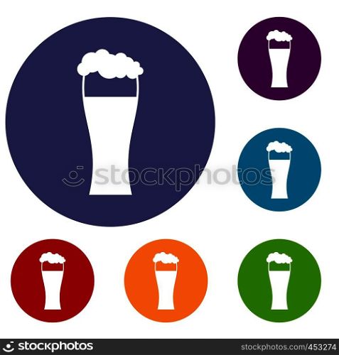 Glass of beer icons set in flat circle reb, blue and green color for web. Glass of beer icons set