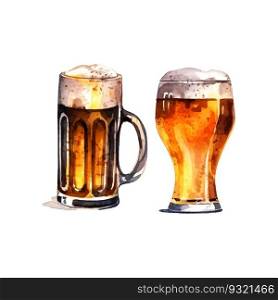 Glass of beer in watercolor style on white background for menu