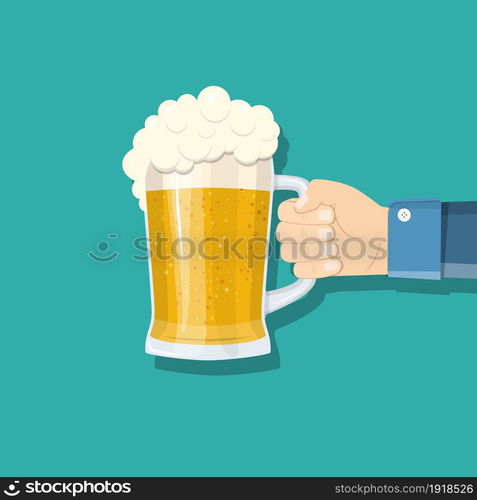 Glass of beer men holding in hand. Light alcoholic drink, cool foam. Design elements for beer festival. vector illustration in flat style. Glass of beer men holding in hand.