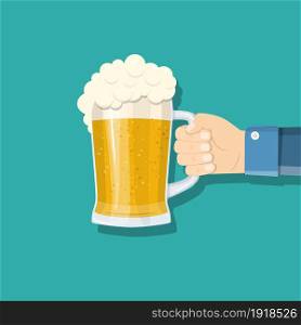 Glass of beer men holding in hand. Light alcoholic drink, cool foam. Design elements for beer festival. vector illustration in flat style. Glass of beer men holding in hand.