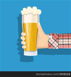 Glass of beer men holding in hand. Light alcoholic drink, cool foam. Design elements for beer festival. vector illustration in flat style. Glass of beer men holding in hand.