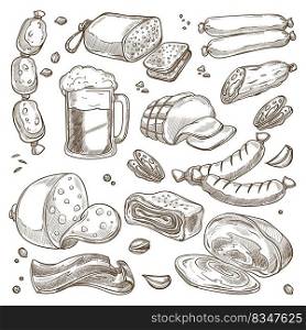 Glass of beer served with meat products, isolated ham and bacon, sausages and pork. Grilled and bbq food, restaurant or pub assortment in menu. Drink and meal monochrome sketch, vector in flat. Sausages and ham, meat and glass of beer sketch