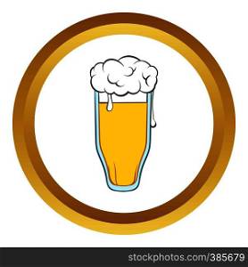 Glass of beer vector icon in golden circle, cartoon style isolated on white background. Glass of beer vector icon, cartoon style