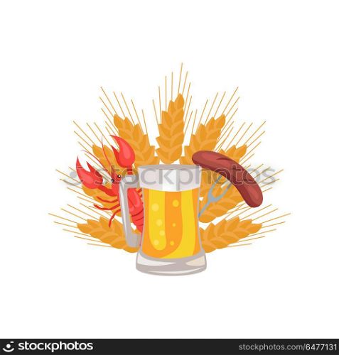 Glass of beer with grilled sausage on folk and cooked red crayfish on background of ears of wheat vector illustration logo design for Oktoberfest festival. Glass of Beer with Grilled Sausage on Folk Vector. Glass of Beer with Grilled Sausage on Folk Vector