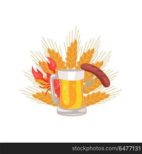 Glass of beer with grilled sausage on folk and cooked red crayfish on background of ears of wheat vector illustration logo design for Oktoberfest festival. Glass of Beer with Grilled Sausage on Folk Vector. Glass of Beer with Grilled Sausage on Folk Vector