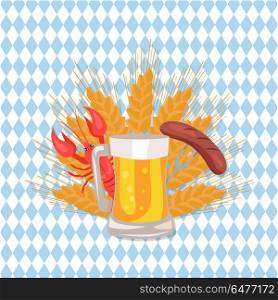 Glass of Beer with Grilled Sausage on Folk Vector. Glass of beer with grilled sausage on folk, cooked red crayfish on ears of wheat vector poster design for Oktoberfest festival on checkered background