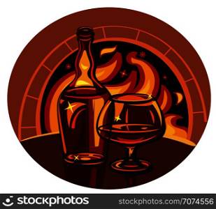 Glass of brandy and bottle on fireplace background