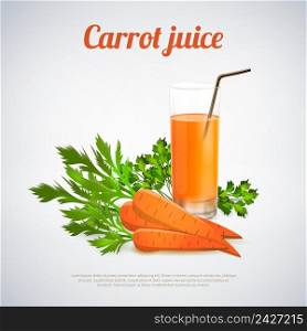 Glass of carrot juice with drinking straw root vegetables and green leaves on light background vector illustration. Carrot Juice Illustration