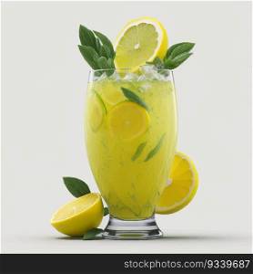 Glass of coctail with fresh cut yellow Fresh lemons Fruit and mint leaf vector illustration. Glass of lemonade with fresh cut yellow Fresh lemons Fruit and mint leaf vector illustration