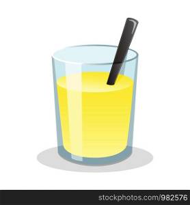 Glass of fresh lemonade with sugar and spoon. Flat vector illustration