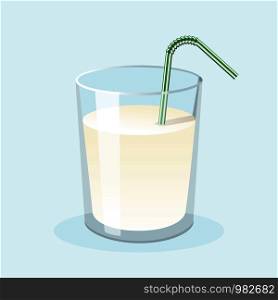 Glass of fresh milk with drinking straw. Flat vector illustration