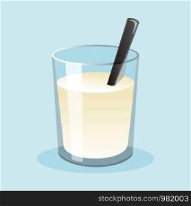 Glass of fresh milk with sugar and spoon. Flat vector illustration