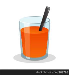 Glass of fresh orange juice with sugar and spoon. Flat vector illustration