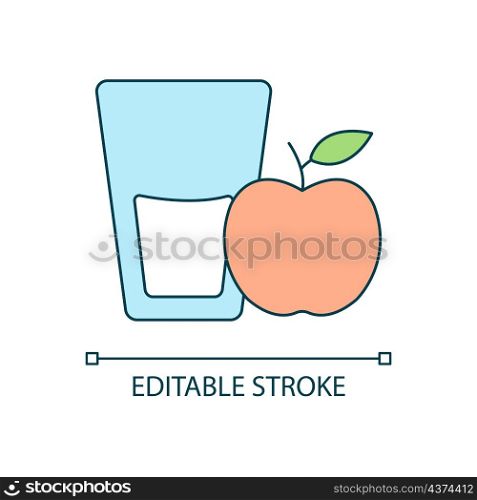 Glass of milk and apple RGB color icon. Food products for healthy nutrition. Organic meal. Isolated vector illustration. Simple filled line drawing. Editable stroke. Arial font used. Glass of milk and apple RGB color icon