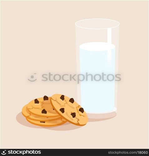 Glass of milk and chocolate sweet snack cookies decorative set vector illustration