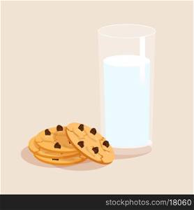 Glass of milk and chocolate sweet snack cookies decorative set vector illustration