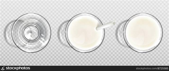 Glass of milk with paper straw top view. Vector realistic set of empty glass and clear cup full of milk, yogurt, shake or dairy drink. Healthy organic beverage isolated on transparent background. Glass of milk with paper straw top view