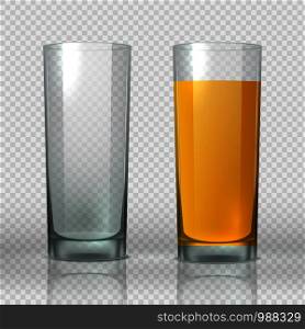 Glass of peach juice. Empty and full realistic transparent tall cup with orange drink. 3D objects vector fruit organic drink on transparent background. Glass of peach juice. Empty and full realistic transparent tall cup with orange drink. 3D objects vector fruit organic drink
