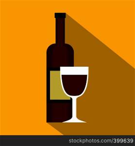 Glass of red wine and a bottle icon. Flat illustration of glass of red wine and a bottle vector icon for web isolated on yellow background. Glass of red wine and a bottle icon, flat style