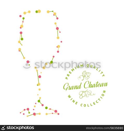 Glass of red wine made of small dots and vine label. Vector illustration.