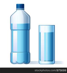 Glass of water and plastic bottle. Hydration, bottles for pure liquid and bottled mineral water drink. H2O aqua drink, water with drinking minerals in cup cartoon isolated vector illustration. Glass of water and plastic bottle. Hydration, bottles for pure liquid and bottled mineral water drink cartoon vector illustration