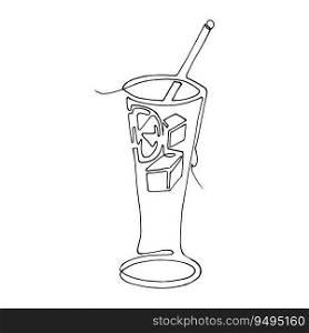 Glass of water with ice, cocktail, drink with a straw for drinking. Continuous one line drawing. Fruits. Vector. Glass of water with ice, cocktail, straw for drinking drawing. exotic fruits. lineart vector illustration